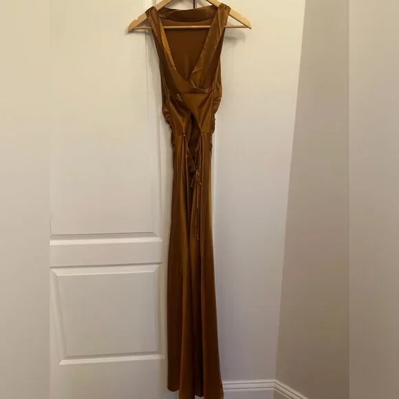NEW Reformation Anaiis Silk Maxi Long Dress in Copper Brown | size 2 - Picture 7 of 11